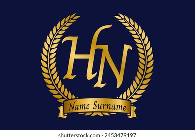 Initial letter H and N, HN monogram logo design with laurel wreath. Luxury golden calligraphy font.