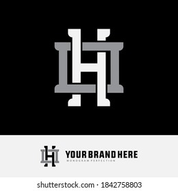 Überlappende Anfangsbuchstaben H, O, HO oder OH, Verriegelung, Monogramm-Logo, weiße und graue Farbe auf schwarzem Hintergrund