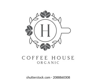 vector de diseño del icono del logotipo del café orgánico de la letra inicial H.