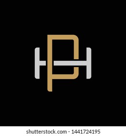 Initial letter H and P, HP, PH, overlapping interlock logo, monogram line art style, silver gold on black background