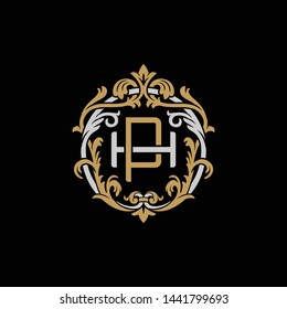 Initial letter H and P, HP, PH, decorative ornament emblem badge, overlapping monogram logo, elegant luxury silver gold color on black background