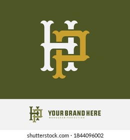 Initial letter H, P, HP or PH overlapping, interlock, monogram logo, white and gold color on green background