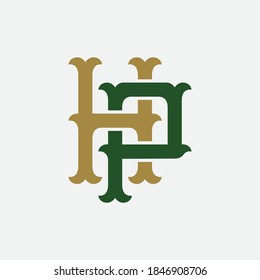 Initial letter H, P, HP or PH overlapping, interlock, monogram logo, green and gold color on white background