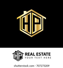 Initial letter H, P, HP House Design Logo with Gold Color