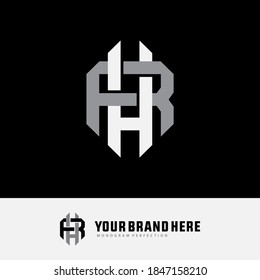 Überlappende Anfangsbuchstaben H, R, HR oder RH, Verriegelung, Monogramm-Logo, weiße und graue Farbe auf schwarzem Hintergrund