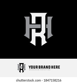 Letra inicial H, R, HR o RH solapadas, entrelazadas, logotipo monograma, color blanco y gris sobre fondo negro