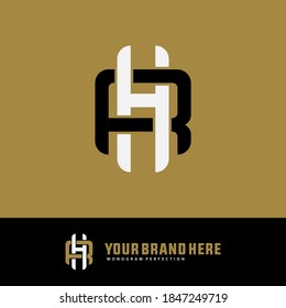 Initial letter H, R, HR or RH overlapping, interlock, monogram logo, black and white color on gold background