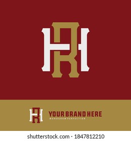 Überlappende Anfangsbuchstaben H, R, HR oder RH, Verriegelung, Monogramm-Logo, Gold-Weiß-Farbe auf rotem Hintergrund
