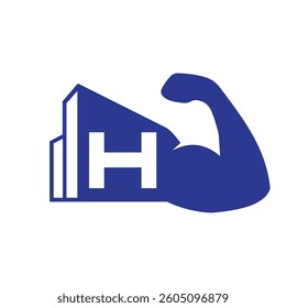 Initial Letter H Real Estate Logo Concept With City Building and Arm Symbol Vector Template