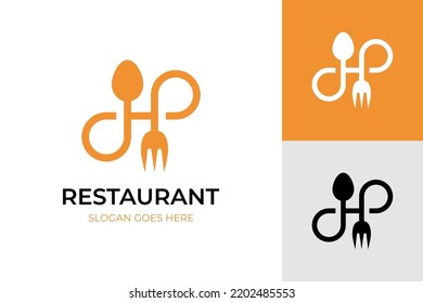 initial letter H restaurant logo, infinity food logo symbol elements design with fork and spoon icon concept for food culinary logo design