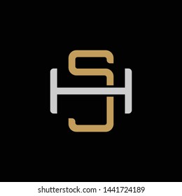 Initial letter H and S, HS, SH, overlapping interlock logo, monogram line art style, silver gold on black background