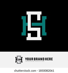 Initial letter H, S, HS or SH overlapping, interlock, monogram logo, white and green color on black background