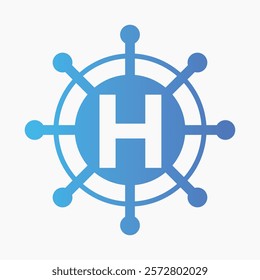 Initial Letter H Sailing Logo Design Vector Template Concept with Steering Ship Symbol