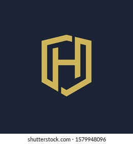initial Letter H with Shield element. Shield Line geometry  for Security logo. Logo Icon Template for Web and Business Card, Letter Logo Template on Black Background. - vector