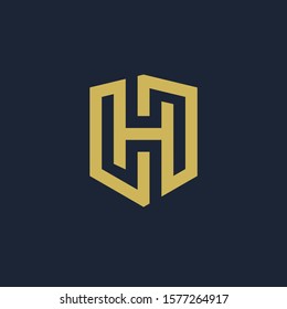 initial Letter H with Shield frame line art element. Shield Line geometry  for Security logo. Logo Icon Template for Web and Business Card, Letter Logo Template on Black Background. - vector