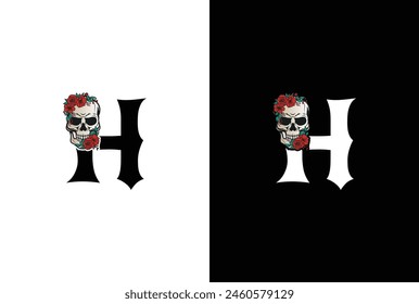 Initial Letter H Skull Logo Design. Minimal silhouette skull logo vector with letter H logo design illustration.