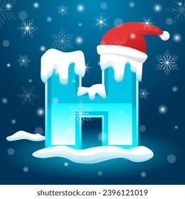 Initial Letter H with snowflake and Santa hat element, snow lettering template vector illustration. Alphabet with snow vector template.  Winter text vector usable for New Year or Christmas.