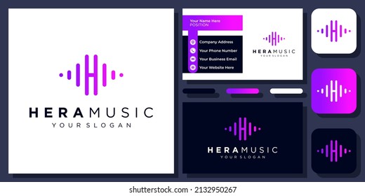 Initial Letter H Sound Music Audio Wave Pulse Simple Vector Logo Design with Business Card