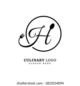 Initialbrief H mit Löffel und Gabel für Restaurantkonzept. Buchstabe H Logo, geeignet für Firmen- und Kulinarik.
