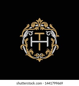 Initial letter H and T, HT, TH, decorative ornament emblem badge, overlapping monogram logo, elegant luxury silver gold color on black background