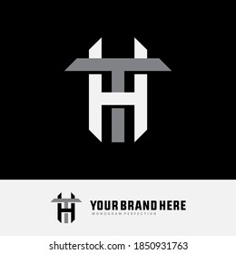 Initial letter H, T, HT or TH overlapping, interlock, monogram logo, white and gray color on black background
