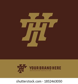 Anfangsbuchstaben H, T, HT oder TH, überlappend, Verriegelung, Monogramm-Logo, goldene Farbe auf braunem Hintergrund