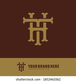 Anfangsbuchstaben H, T, HT oder TH, überlappend, Verriegelung, Monogramm-Logo, goldene Farbe auf braunem Hintergrund