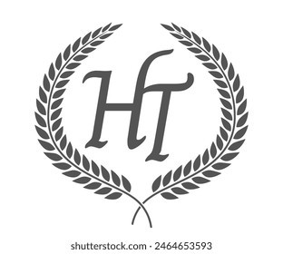 Initial letter H and T, HT monogram logo design with laurel wreath. Luxury calligraphy font.