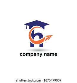 Initial letter h with toga hat graduation gown and paper plane flying around for education academy logo concept