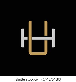 Initial letter H and U, HU, UH, overlapping interlock logo, monogram line art style, silver gold on black background