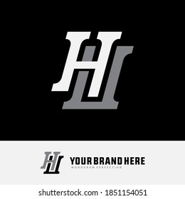 Initial letter H, U, HU or UH overlapping, interlock, monogram logo, white and gray color on black background