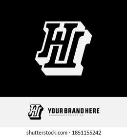 Initial letter H, U, HU or UH overlapping, interlock, monogram logo, white and black color on black background