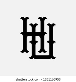 Initial letter H, U, HU or UH overlapping, interlock, monogram logo, black color on white background