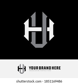Überlappende Anfangsbuchstaben H, U, HU oder UH, Verriegelung, Monogramm-Logo, weiße und graue Farbe auf schwarzem Hintergrund