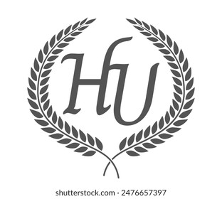 Initial letter H and U, HU monogram logo design with laurel wreath. Luxury calligraphy font.