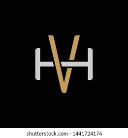 Initial letter H and V, HV, VH, overlapping interlock logo, monogram line art style, silver gold on black background