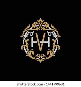 Initial letter H and V, HV, VH, decorative ornament emblem badge, overlapping monogram logo, elegant luxury silver gold color on black background