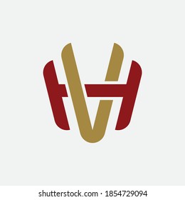 Initial letter H, V, VH or VH overlapping, interlock, monogram logo, gold and red color on white background