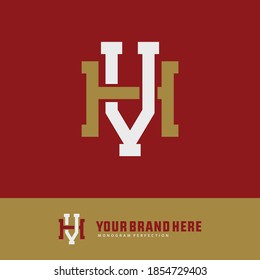 Initial letter H, V, VH or VH overlapping, interlock, monogram logo, gold and white color on red background