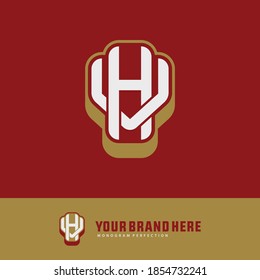 Initial letter H, V, VH or VH overlapping, interlock, monogram logo, gold and white color on red background