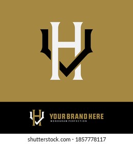 Überlappende Anfangsbuchstaben H, V, VH oder VH, Verriegelung, Monogramm-Logo, schwarz-weißer Hintergrund