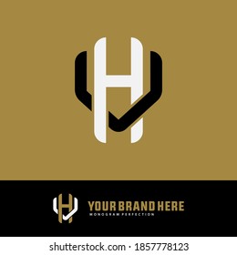 Überlappende Anfangsbuchstaben H, V, VH oder VH, Verriegelung, Monogramm-Logo, schwarz-weißer Hintergrund