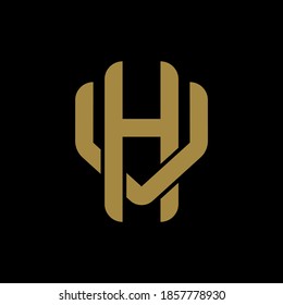 Initial letter H, V, VH or VH overlapping, interlock, monogram logo, gold color on black background