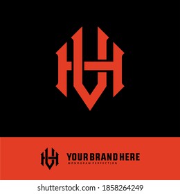 Überlappende Anfangsbuchstaben H, V, VH oder VH, Verriegelung, Monogramm-Logo, orangefarbene Farbe auf schwarzem Hintergrund