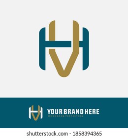 Letra inicial H, V, VH o VH solapadas, entrelazadas, logotipo monograma, color dorado y verde sobre fondo blanco