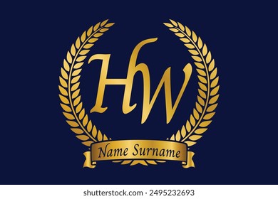 Initial letter H and W, HW monogram logo design with laurel wreath. Luxury golden calligraphy font.
