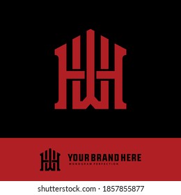 Initial letter H, W, WH or HW overlapping, interlock, monogram logo, red color on black background