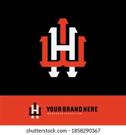 Initial letter H, W, WH or HW overlapping, interlock, monogram logo, orange and white color on black background