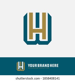 Initial letter H, W, WH or HW overlapping, interlock, monogram logo, gold and green color on white background