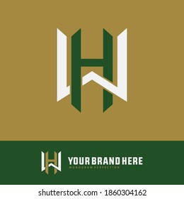 Initial letter H, W, WH or HW overlapping, interlock, monogram logo, green and white color on gold background